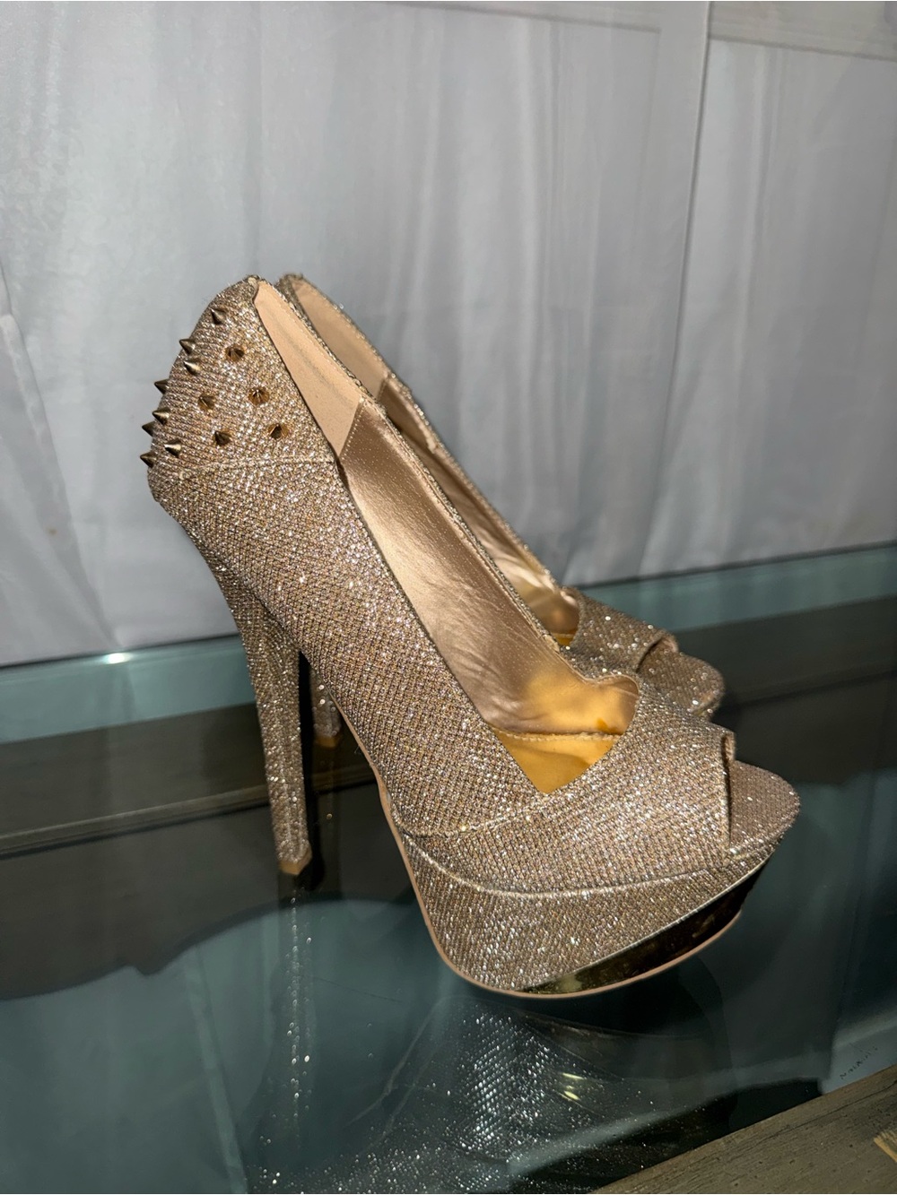 Qupid Gold Glitter Peep-Toe Platform Heels with Studded Detail